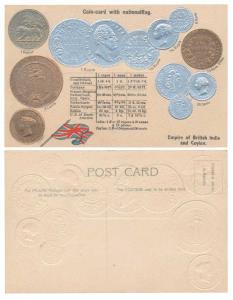 Embossed Postcard with impression of British India (William and Victoria Rupee and Mohur) 