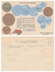 Embossed Postcard with impression of British India (William and Victoria Rupee and Mohur) 