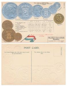 Embossed Postcard with impression of Netherland East Indies coins with . Printed in the 19