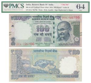 Rupee 100, 2016, signed Raghuram Rajan. Graded by PMCS (India) 64 Uncirculated.