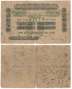 Government of India, Rupees 5, green under print, Bombay circle, signed O. T. Barrow, 5th 