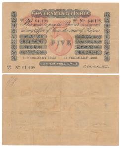Government of India, Uniface, Rupees 5, red under print, signed A. C. Mc Watters, 11 Febru