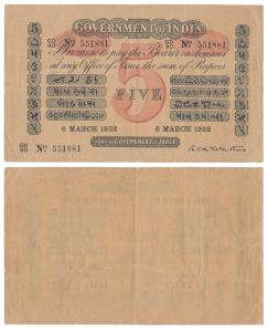 Government of India, Uniface, Rupees 5, red under print, signed A. C. Mc Watters, 6th Marc
