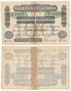 Government of India, Uniface, Rupees 100, green under print, Madras circle, signed H. Denn