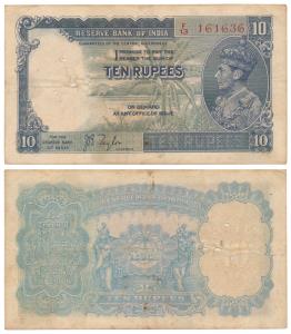 George VI, Rupees 10, 1st issue, 1938, signed J. B. Taylor, prefix F (J&R 4.5.1). Fine+.