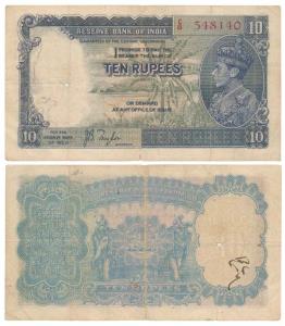 George VI, Rupees 10, 1st issue, 1938, signed J. B. Taylor, (J&R 4.5.1). Fine.