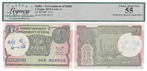 Rupee 1, 2015, signed Rajiv Mehrishi, signed autograph of the Finance Secretary in the wat