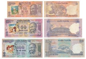 Rupees 10, 50 & 100, signed C. Rangarajan, a Gandhiji stamp and handstamp, with Madurai 30