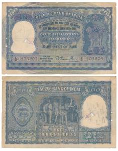 Rupees 100, 1st issue, 1950, signed B. Rama Rau, Bombay, only English (J&R 6.7.1.1). Fine+