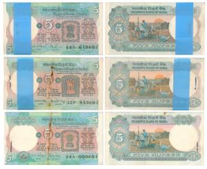 Rupees 5 bundle, signed R. N. Malhotra, inset A; signed C. Rangarajan, inset B; signed Man