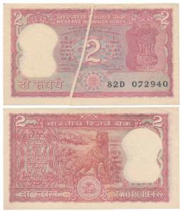 Rupees 2, signed Manmohan, Error, paper fold while printing hence has a white line running