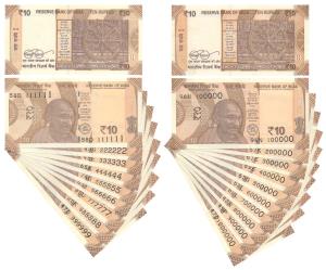 Rupees 10, signed Urjit Patel, 111111 to 999999 and 100000 to 1000000. Uncirculated. (19)