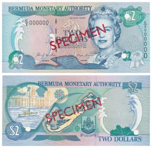 Bermuda, 2 Dollars, Specimen overprint in red on both sides, cancellation punch holes in t