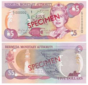 Bermuda, 5 Dollars, Specimen overprint in red on both sides, cancellation punch holes in t