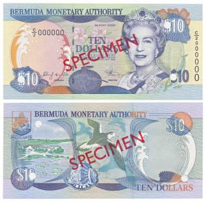Bermuda, 10 Dollars, Specimen overprint in red on both sides, cancellation punch holes in 