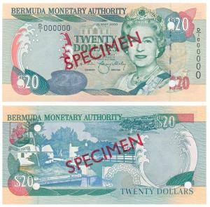 Bermuda, 20 Dollars, Specimen overprint in red on both sides, cancellation punch holes in 