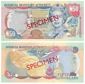 Bermuda, 50 Dollars, Specimen overprint in red on both sides, cancellation punch holes in 