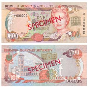 Bermuda, 100 Dollars, Specimen overprint in red on both sides, cancellation punch holes in