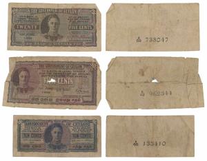 Ceylon, George VI, 10 Cents, 1943; 25 and 50 Cents, 1948. About Fine, the last torn. (3)