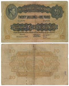 East African Currency Board, George VI, 20 Shillings, Nairobi, 1st January 1947 (KM 30). F