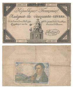 France, 50 Livres, Uniface, 1792, Liberty seated with a Gallic rooster, olive branch and m