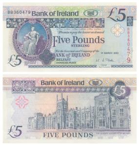 Bank of Ireland, 5 Pounds, 1st March 2003. Uncirculated.