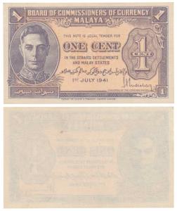 Malaya, George VI, 1 Cent, 1941 (KM 6). About Uncirculated.