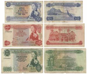 Mauritius, Elizabeth II, British Administration, Rupees 5, 10 and 25 1967 ND issue, waterm