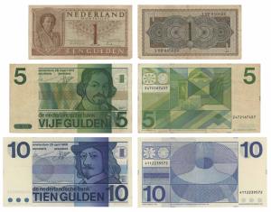 Netherlands, 1 Gulden, 1949; 5 and 10 Gulden. Very Fine. (3)
