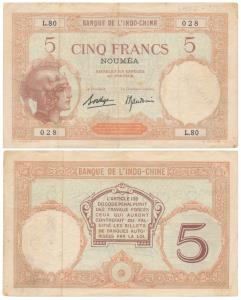 New Caledonia, New Hebrides, Banque De L’Indochine, 5 Francs, Noumea, 1941-45 Issue, ND (K