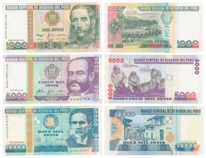 Peru, 1000, 5000, 10000 Intis. Uncirculated. (3)