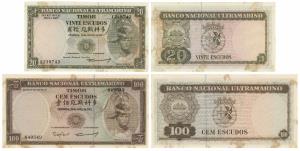 Timor, Banco Nacional Utramarino, 20 and 100 Escudos, 1967. Rust spots, Crisp, Very Fine+.
