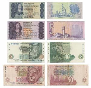 South Africa, 2 and 5 Rand. Uncirculated; 10 and 50 Rand. Very Fine and Uncirculated. (4)