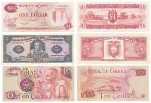 Assorted banknotes, Ecuador, 5 Quito, 1988; Ghana, 10 Cedis, 1973; Guyana, $1. Uncirculate