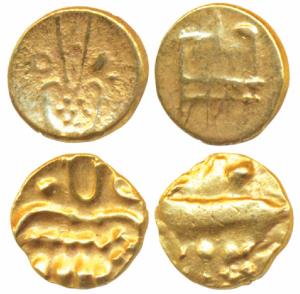 Veera Raya, Coorg, Gold Fanam (2), 0.38g, 0.41g, obv. stylized lion standing right with cr