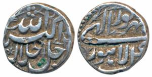 Akbar, Silver ½ Rupee, 5.68g, Lahore Mint, Ilahi type, Month Shahrewar, Year 4X (KM 66.3).