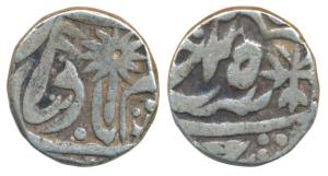 Lakshman Singh (1833-1847 AD), Rupee, debased silver and dumpy flan, RY 25, flag on obv. P