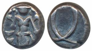 Silver Fanam, .90g, third issue, obv. large figure of Vishnu standing, rev. interlocked C’