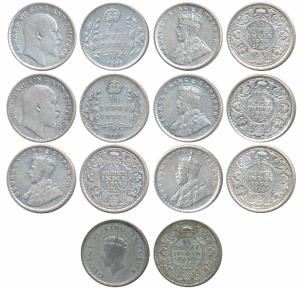 Edward VII, Silver ¼ Rupee (2), 1905 & 1907; George V, ¼ Rupee (4), 1913, 1916, 1918, 1936