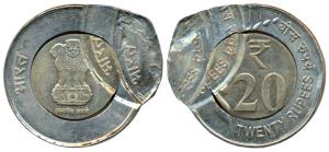 Bi-metal, Rupees 20, Error, triple struck. Uncirculated, Rare.