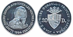 Andorra, Silver 20 Diners, 16g, 1984, Wildlife Andorra (I) Series, obv. Crowned Coat of Ar