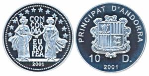Andorra, Silver 10 Diners, 31.47, 2001, European Concord, Europa Series, obv. Coat of arms