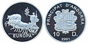 Andorra, Silver 10 Diners, 31.47g, 2001, Europa Series, obv. Coat of arms of Andorra with 