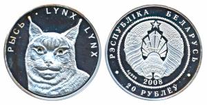 Belarus, Silver 20 Rouble, 31.10g, 2008, Protection of the Environment Series, Lynx. Proof