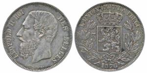 Belgium, Leopold II, Silver 5 Francs, 24.82g, 1870, (KM 24). Very Fine+, Rare.