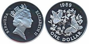 Bermuda, Silver 1 Dollar, 28.28g, 1989, obv. Bust of Queen Elizabeth II; rev. Two Monarch 