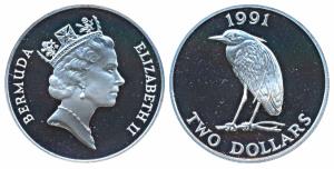 Bermuda, Elizabeth II, Silver 2 Dollars, 28.28g, 1991, Fauna and Flora Series, obv. Crowne