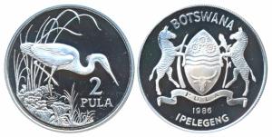 Botswana, Silver 2 Pula, 28.28g, 1986, Slaty Egret, obv. Coat of arms of Botswana, date be