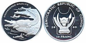 Congo, Silver 10 Franc, 30g, 2009, Endangered Wildlife Series, Crocodile, obv. National co