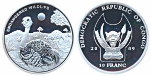 Congo, Silver 10 Franc, 30g, 2009, Endangered Wildlife Series, ostrich, obv. National coat